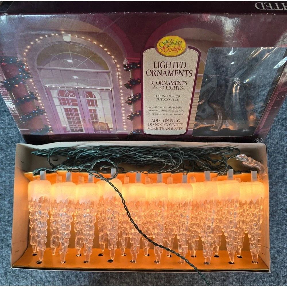Holiday Highlights Lighted Ornaments Set of 10 Icicle Vtg Christmas Lights. NEW